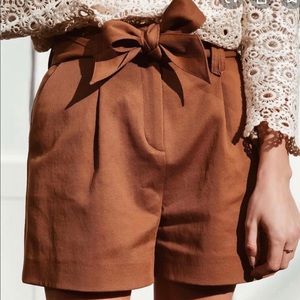 Sezane High-Waist Paperbag Tie Shorts in Warm Brown